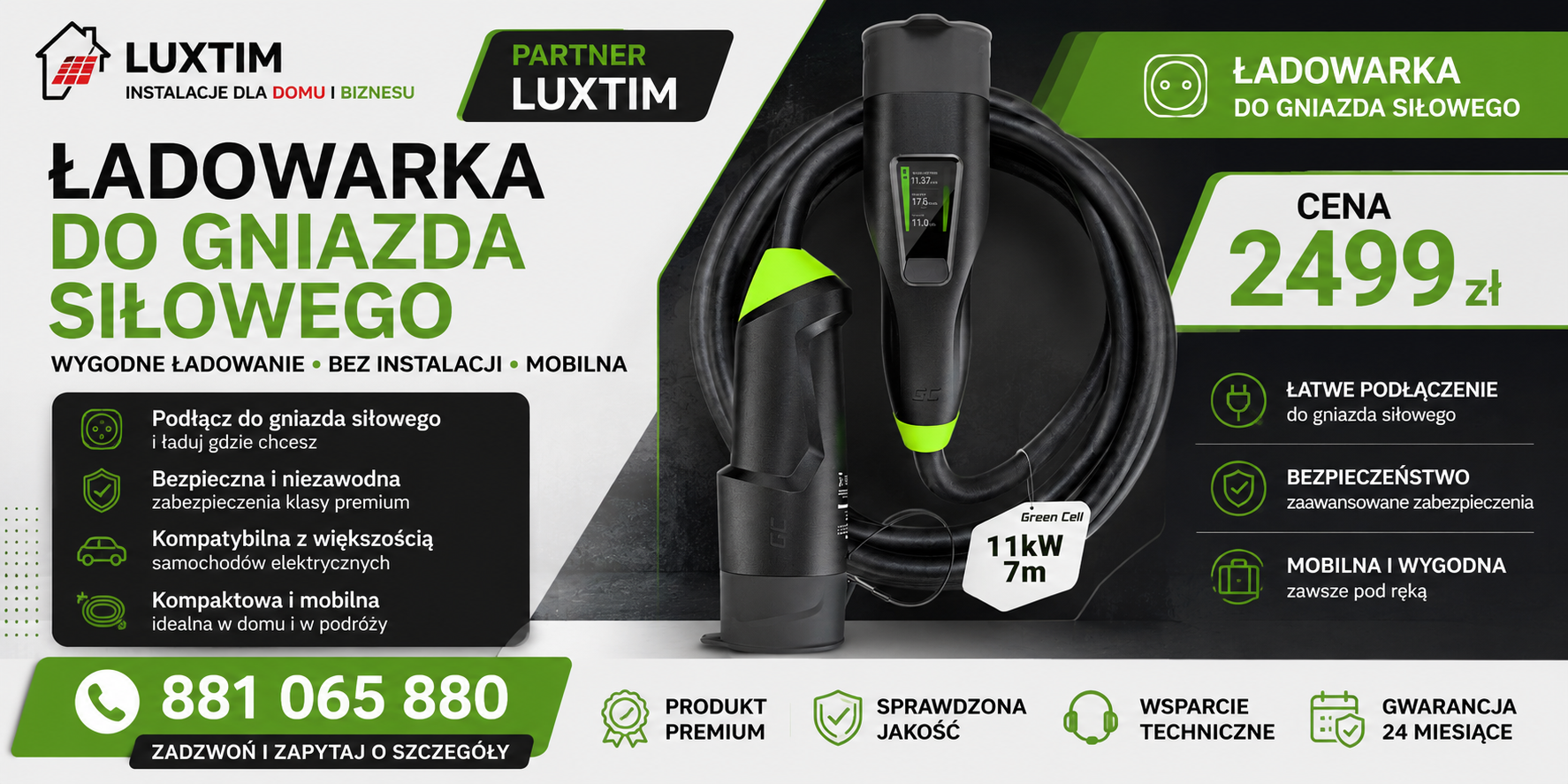 Green Cell GC Snap Kabel EV Typ 2 22kW 7m do Ładowania Tesla Model Y 3 S X, Kia EV6, EV9, Hyundai IONIQ 5, BMW iX, Ford Mach-E